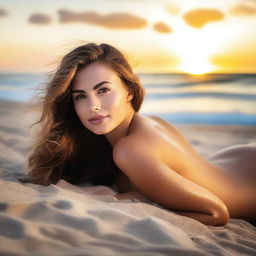 A beautiful woman lying on the beach in a seductive pose, with the ocean waves gently crashing behind her and the sun setting in the distance, casting a warm glow over the scene