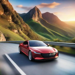 A sleek, modern car driving through a scenic mountain road during sunset