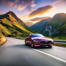 A sleek, modern car driving through a scenic mountain road during sunset