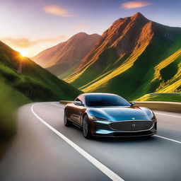 A sleek, modern car driving through a scenic mountain road during sunset