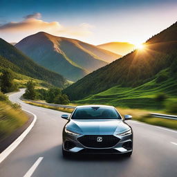 A sleek, modern car driving through a scenic mountain road during sunset