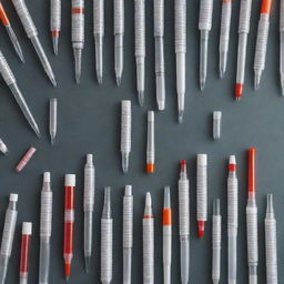 An array of medical syringes arranged in a visually striking manner.