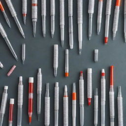 An array of medical syringes arranged in a visually striking manner.