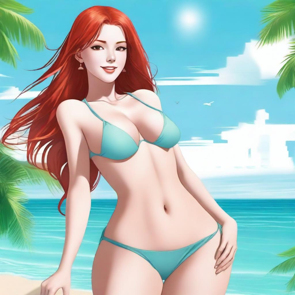 A tall red-haired girl with brown eyes and perfect curves, featuring exotic facial features, wearing a bikini