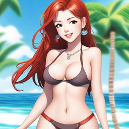 A tall red-haired girl with brown eyes and perfect curves, featuring exotic facial features, wearing a bikini