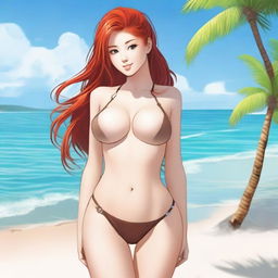 A tall red-haired girl with brown eyes and perfect curves, featuring exotic facial features, wearing a bikini