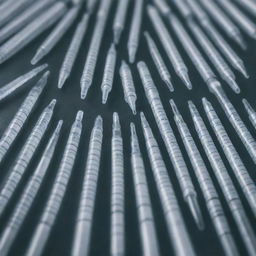 An array of medical syringes arranged in a visually striking manner.