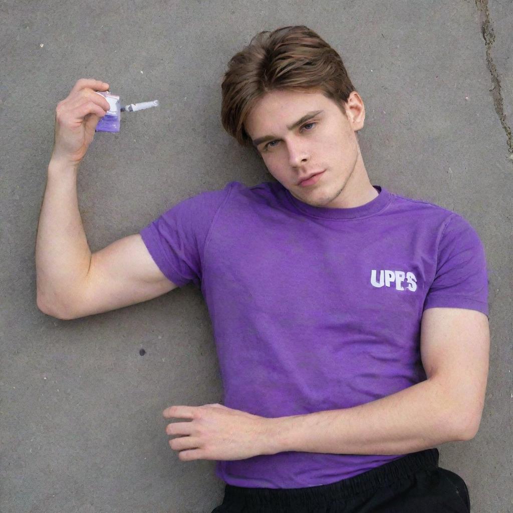 A 25-year-old male dressed in a purple T-shirt and black pants, lying on the ground face first, clutching an ampoule in his hand.