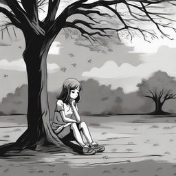 A gloomy girl sits under a tree, with a cloudy sky overhead