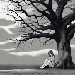 A gloomy girl sits under a tree, with a cloudy sky overhead