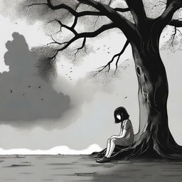 A gloomy girl sits under a tree, with a cloudy sky overhead