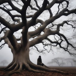 A gloomy girl sits under a large, ancient tree with a cloudy, overcast sky in the background