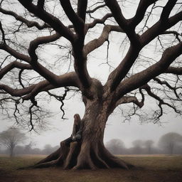 A gloomy girl sits under a large, ancient tree with a cloudy, overcast sky in the background