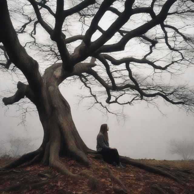 A gloomy girl sits under a large, ancient tree with a cloudy, overcast sky in the background