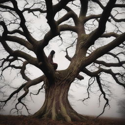 A gloomy girl sits under a large, ancient tree with a cloudy, overcast sky in the background