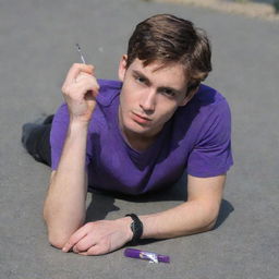 A 25-year-old male dressed in a purple T-shirt and black pants, lying on the ground face first, clutching an ampoule in his hand.