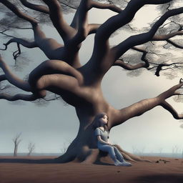 A 3D cartoon of a gloomy girl sitting under a large, ancient tree with a cloudy, overcast sky in the background