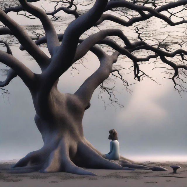 A 3D cartoon of a gloomy girl sitting under a large, ancient tree with a cloudy, overcast sky in the background