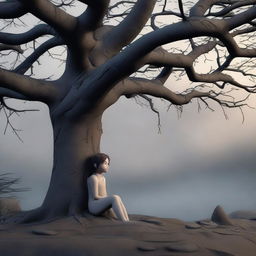 A 3D cartoon of a gloomy girl sitting under a large, ancient tree with a cloudy, overcast sky in the background