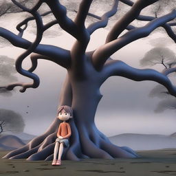 A 3D cartoon of a gloomy girl sitting under a large, ancient tree with a cloudy, overcast sky in the background