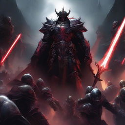 A dark overlord standing amidst a group of crimson knights