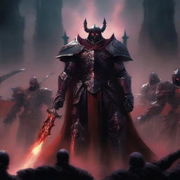 A dark overlord standing amidst a group of crimson knights