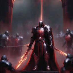 A dark overlord standing amidst a group of crimson knights