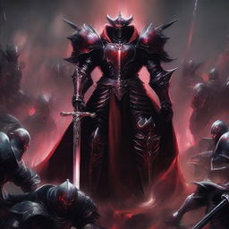 A dark overlord standing amidst a group of crimson knights