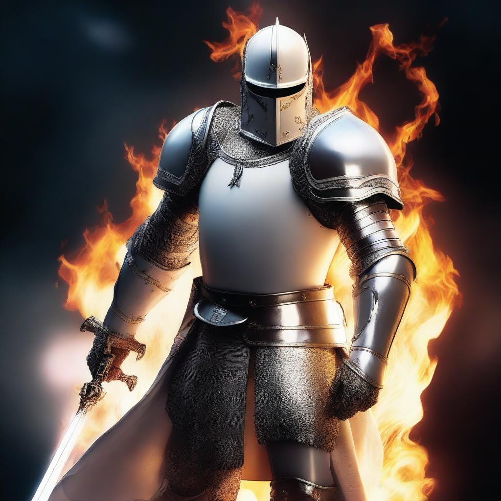 A white knight holding a flaming sword