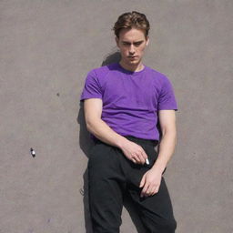 A 25-year-old male dressed in a purple T-shirt and black pants, lying on the ground face first, clutching an ampoule in his hand.