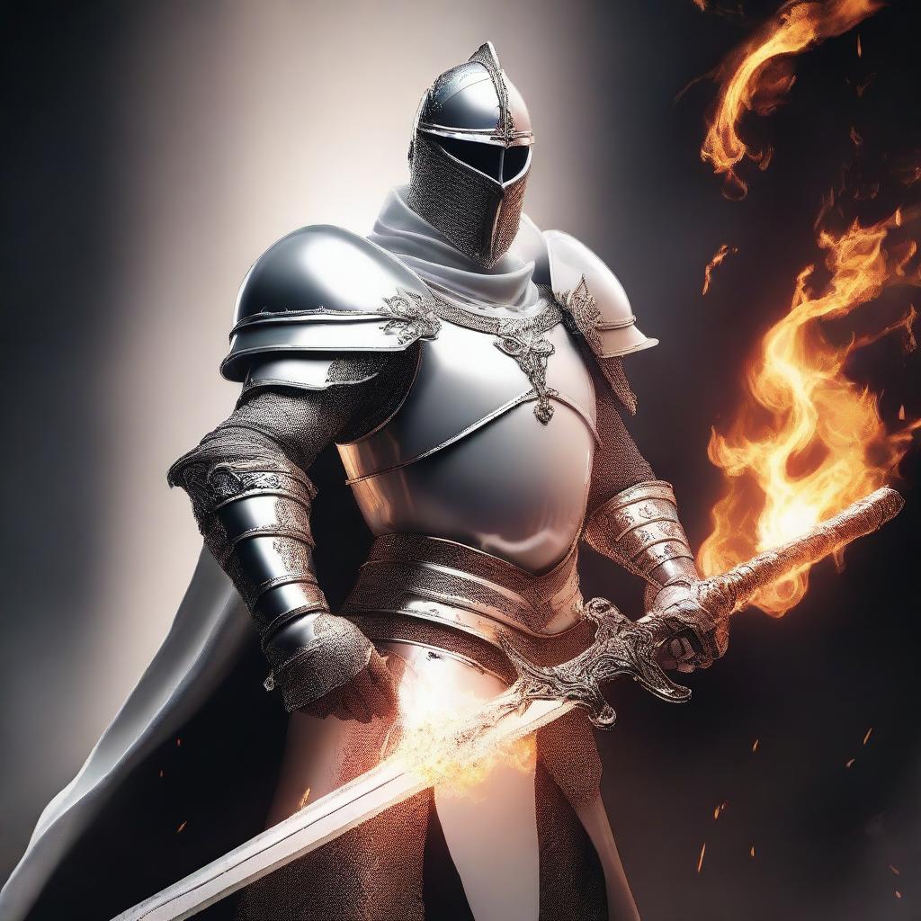 A white knight holding a flaming sword