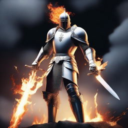 A white knight holding a flaming sword