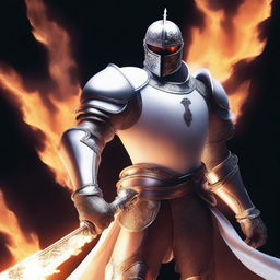 A white knight holding a flaming sword