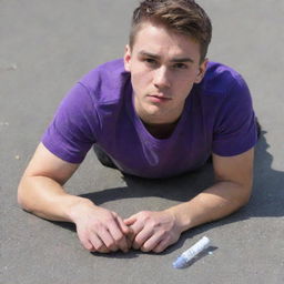 A 25-year-old male dressed in a purple T-shirt and black pants, lying on the ground face first, clutching an ampoule in his hand.