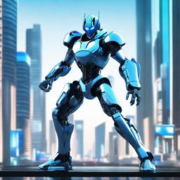 A futuristic robot warrior standing in a dynamic pose