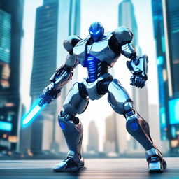 A futuristic robot warrior standing in a dynamic pose