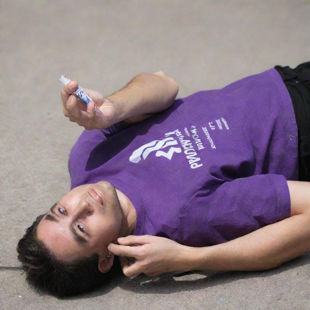 A 25-year-old male in a purple T-shirt and black pants lying unconscious on the ground with an ampoule clutched in his hand.