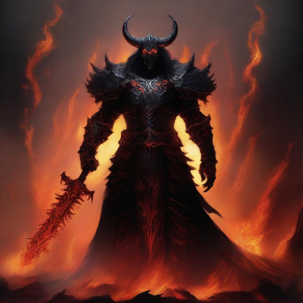 A fearsome Hell Warrior standing amidst flames and brimstone