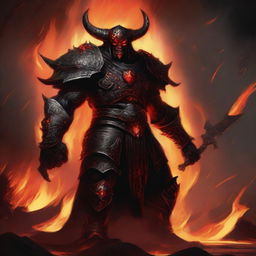 A fearsome Hell Warrior standing amidst flames and brimstone