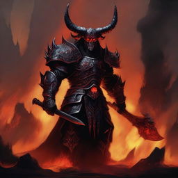 A fearsome Hell Warrior standing amidst flames and brimstone