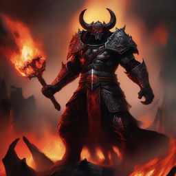 A fearsome Hell Warrior standing amidst flames and brimstone