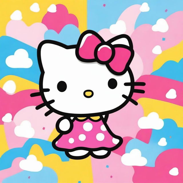 Create an image of Hello Kitty, the iconic character with a bow on her head, standing in a cute and colorful background