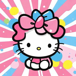 Create an image of Hello Kitty, the iconic character with a bow on her head, standing in a cute and colorful background