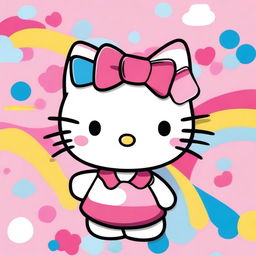 Create an image of Hello Kitty, the iconic character with a bow on her head, standing in a cute and colorful background