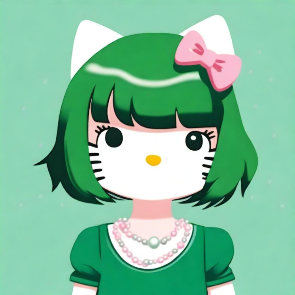 Create an image of Hello Kitty with very short hair and bangs reaching her forehead