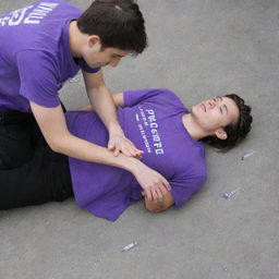 A 25-year-old male in a purple T-shirt and black pants lying unconscious on the ground with an ampoule clutched in his hand.