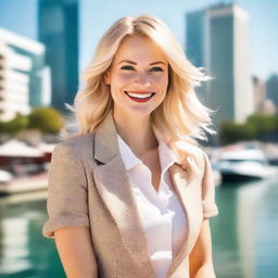 A stylish and confident blonde woman with a radiant smile, dressed in fashionable attire, standing in a sunny outdoor setting