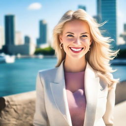 A stylish and confident blonde woman with a radiant smile, dressed in fashionable attire, standing in a sunny outdoor setting