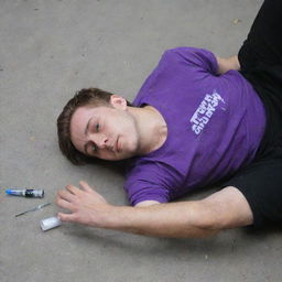 A 25-year-old male in a purple T-shirt and black pants lying unconscious on the ground with an ampoule clutched in his hand.