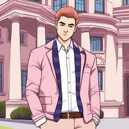 A mean girl character named Justin, holding a phone and dressed in a stylish, preppy outfit